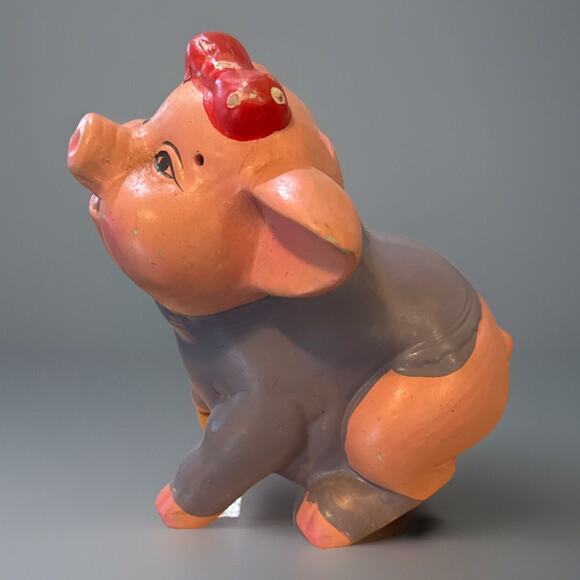 Vintage Piggy Bank Hand Painted Purple Shirt Cute Pig with Stopper Preowned - Picture 2 of 8